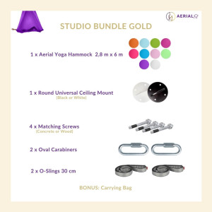 Studio Bundle Gold  - Complete Aerial Yoga Set with  2,8 m x 6 m Yoga Silk and Ceiling Mount Made in Germany