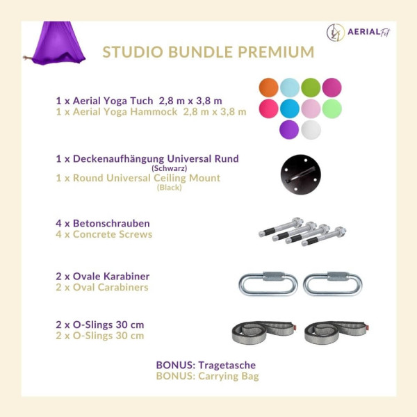 Studio Bundle Premium -  Aerial Yoga Set aquablau Aufhängung Farbe Schwarz + Betonschrauben